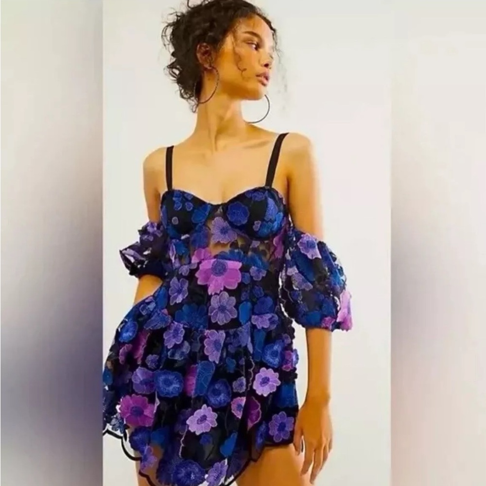 For Love and Lemons Prato Black Mini Dress w/Appliqué Flowers Detach Sleeves SzS